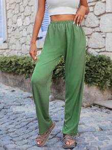 EURMUSE Solid Straight Leg Pants - Army Green - View 5