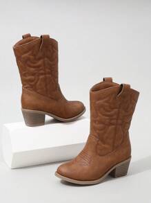 Girls' Western Boots With Stitching Detail And Slip-on Design - Brown - View 1