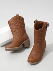 Girls' Western Boots With Stitching Detail And Slip-on Design - Brown - View 2