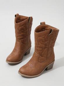 Girls' Western Boots With Stitching Detail And Slip-on Design - Brown - View 3