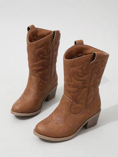 Girls' Western Boots With Stitching Detail And Slip-on Design