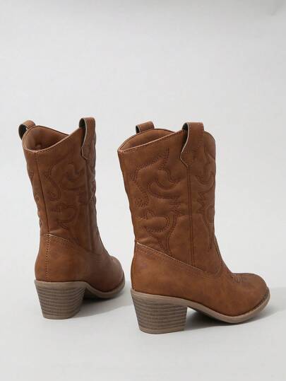 Girls' Western Boots With Stitching Detail And Slip-on Design
