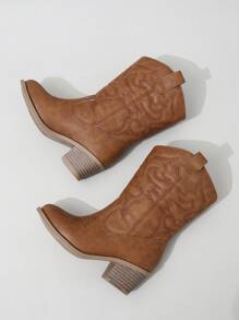 Girls' Western Boots With Stitching Detail And Slip-on Design - Brown - View 5