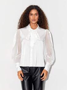 Ashanti Andrews Cà vạt Tay áo lồng đèn Nút phía trước Áo sơ mi - trắng - Xem 1