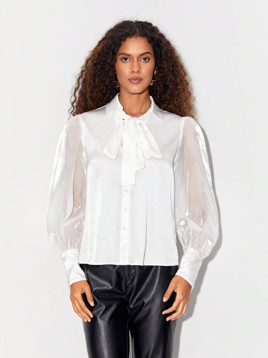 Ashanti Andrews Cà vạt Tay áo lồng đèn Nút phía trước Áo sơ mi - trắng - Xem 1