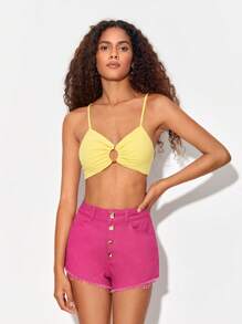 Blank Button Fly Raw Hem Denim Shorts - Pink - View 1