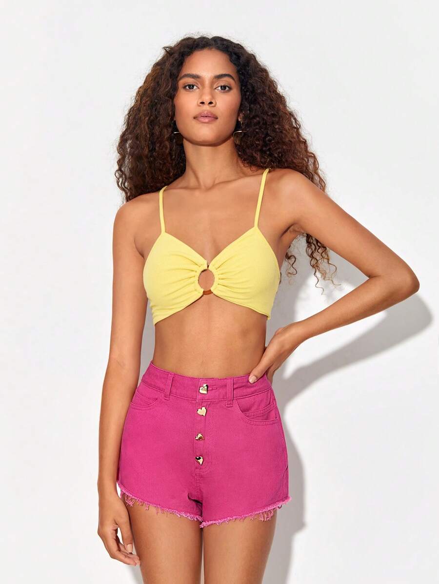 Blank Button Fly Raw Hem Denim Shorts - Pink - View 1