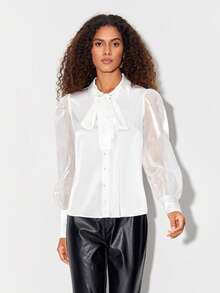 Ashanti Andrews Cà vạt Tay áo lồng đèn Nút phía trước Áo sơ mi - trắng - Xem 3