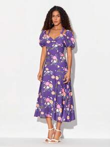 NOUF MATER 雞心領口泡泡袖印花洋裝 - 彩色 - 查看 1