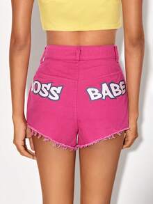 Blank Button Fly Raw Hem Denim Shorts - Pink - View 2