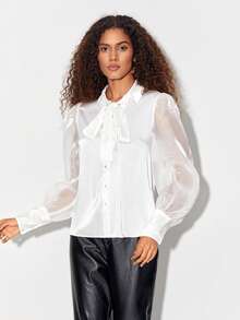 Ashanti Andrews Cà vạt Tay áo lồng đèn Nút phía trước Áo sơ mi - trắng - Xem 5