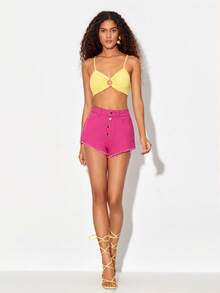 Blank Button Fly Raw Hem Denim Shorts - Pink - View 3