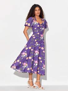 NOUF MATER 雞心領口泡泡袖印花洋裝 - 彩色 - 查看 3