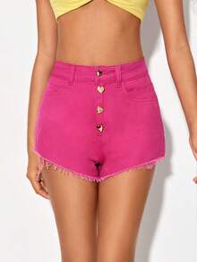 Blank Button Fly Raw Hem Denim Shorts - Pink - View 4