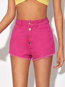 Blank Button Fly Raw Hem Denim Shorts - Pink - View 5