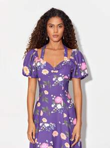 NOUF MATER 雞心領口泡泡袖印花洋裝 - 彩色 - 查看 5