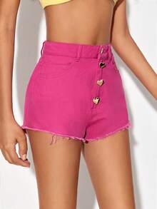 Blank Button Fly Raw Hem Denim Shorts - Pink - View 6