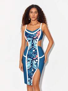 Close Ties Graphic Print Contrast Binding Split Thigh Cami Dress - Multicolor - View 1