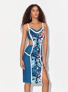 Close Ties Graphic Print Contrast Binding Split Thigh Cami Dress - Multicolor - View 3