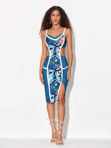 Close Ties Graphic Print Contrast Binding Split Thigh Cami Dress - Multicolor - View 5