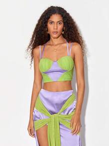 ZAYNA 雙色胸部褶皺吊帶上衣 - 彩色 - 查看 1