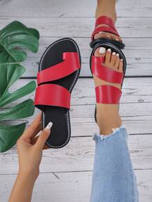 Flat Slippers With Minimalist Toe Ring Design, Slip-on Sandals - Red - View 1