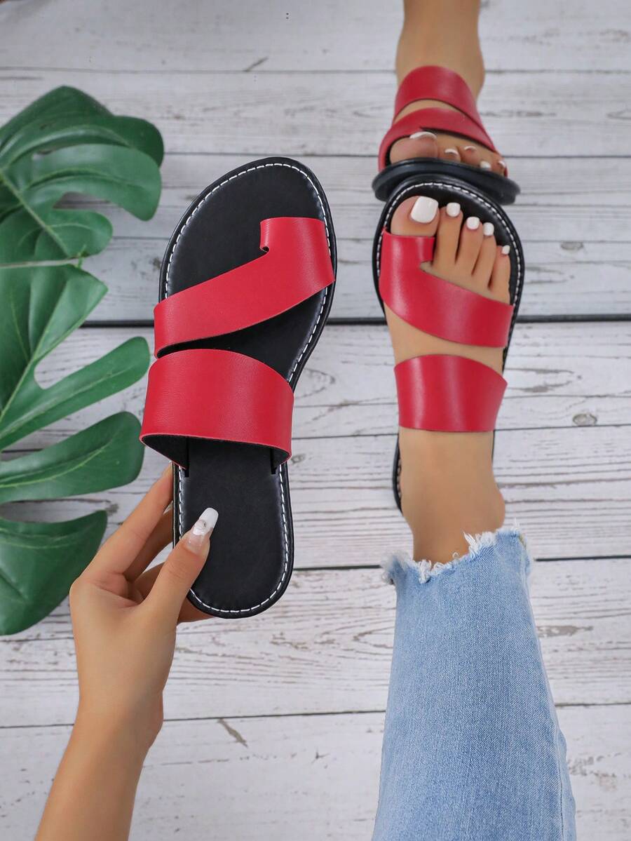 Flat Slippers With Minimalist Toe Ring Design, Slip-on Sandals - Red - View 1