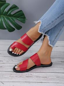 Flat Slippers With Minimalist Toe Ring Design, Slip-on Sandals - Red - View 2