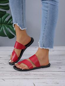 Flat Slippers With Minimalist Toe Ring Design, Slip-on Sandals - Red - View 3
