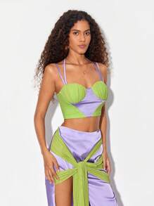 ZAYNA 雙色胸部褶皺吊帶上衣 - 彩色 - 查看 4