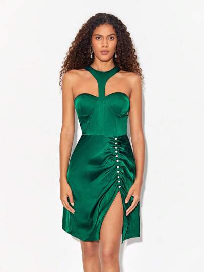 ZAYNA Designer Solid Satin Halter Summer Elegant Dress, New Year Eve Outfit, For Holiday, Party, Festival