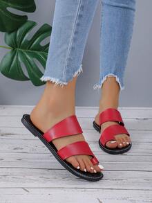 Flat Slippers With Minimalist Toe Ring Design, Slip-on Sandals - Red - View 5