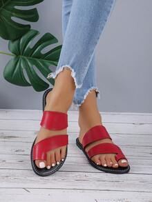 Flat Slippers With Minimalist Toe Ring Design, Slip-on Sandals - Red - View 6