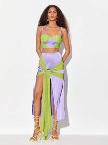 ZAYNA Two Tone Twist Front Split Thigh Skirt - Lilac Purple - View 1