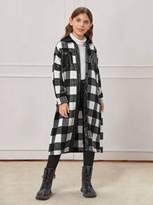 SHEIN Tween Girl Buffalo Plaid Print Drop Shoulder Pocket Patched Overcoat Without Tee