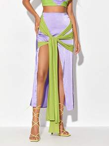 ZAYNA Two Tone Twist Front Split Thigh Skirt - Lilac Purple - View 3