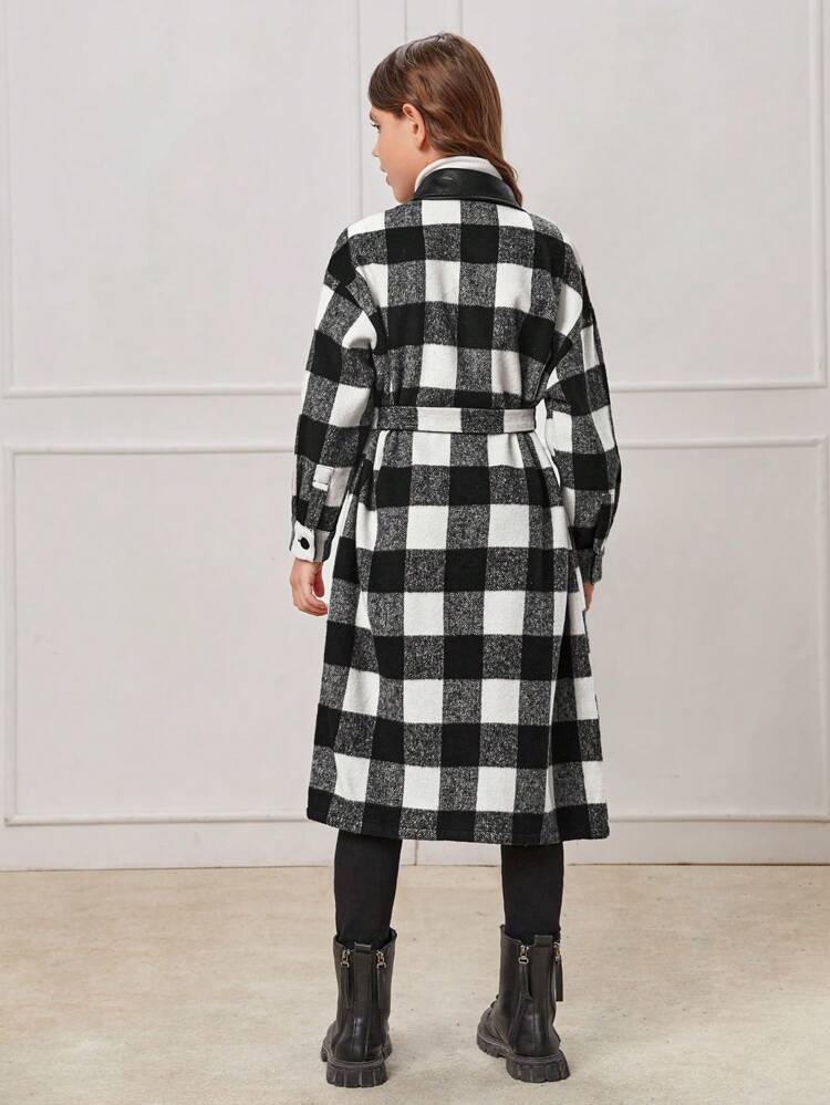 Tween Girl Buffalo Plaid Print Drop Shoulder Pocket Patched Overcoat Without Tee