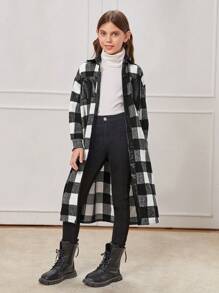 SHEIN Tween Girl Buffalo Plaid Print Drop Shoulder Pocket Patched Overcoat Without Tee