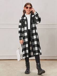 SHEIN Tween Girl Buffalo Plaid Print Drop Shoulder Pocket Patched Overcoat Without Tee