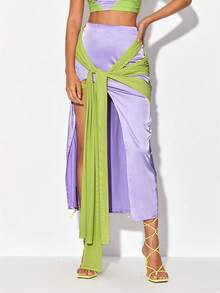 ZAYNA Two Tone Twist Front Split Thigh Skirt - Lilac Purple - View 5