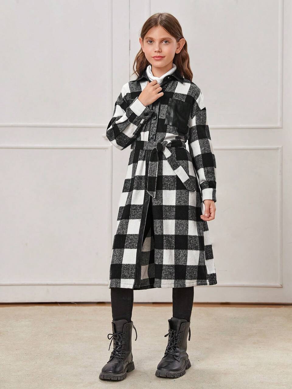 Tween Girl Buffalo Plaid Print Drop Shoulder Pocket Patched Overcoat Without Tee