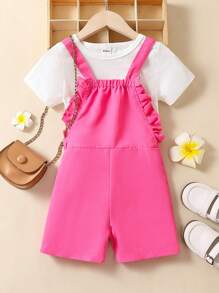 SHEIN Young Girl Solid Tee & Ruffle Trim Overall Romper - Multicolor - View 1