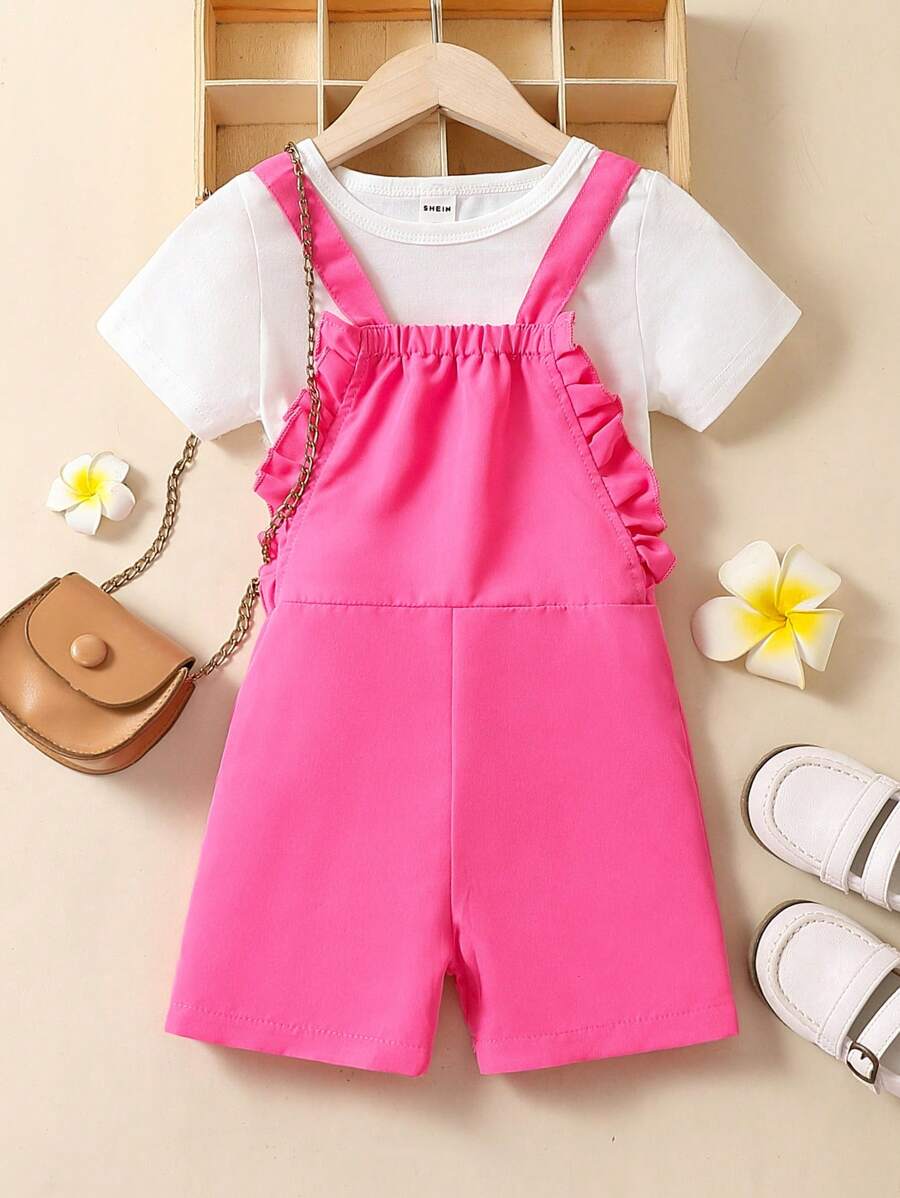 SHEIN Young Girl Solid Tee & Ruffle Trim Overall Romper - Multicolor - View 1