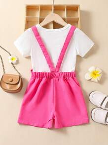 SHEIN Young Girl Solid Tee & Ruffle Trim Overall Romper - Multicolor - View 2