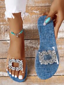 Leisure Vacation Rhinestone Buckle Flat Sandals With Clear Rhinestone Decoration