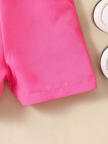 SHEIN Young Girl Solid Tee & Ruffle Trim Overall Romper - Multicolor - View 3