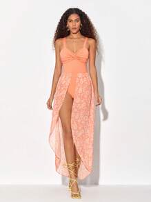 House of Dani.B Floral Print Twist Bust Cami Dress - Coral Orange - View 1