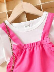 SHEIN Young Girl Solid Tee & Ruffle Trim Overall Romper - Multicolor - View 4