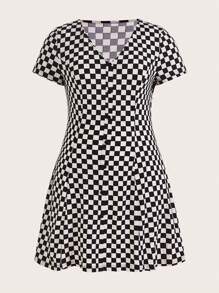 SHEIN EZwear Vestido con botones y estampado de cuadros para verano, talla grande - Blanco y Negro - Ver 1