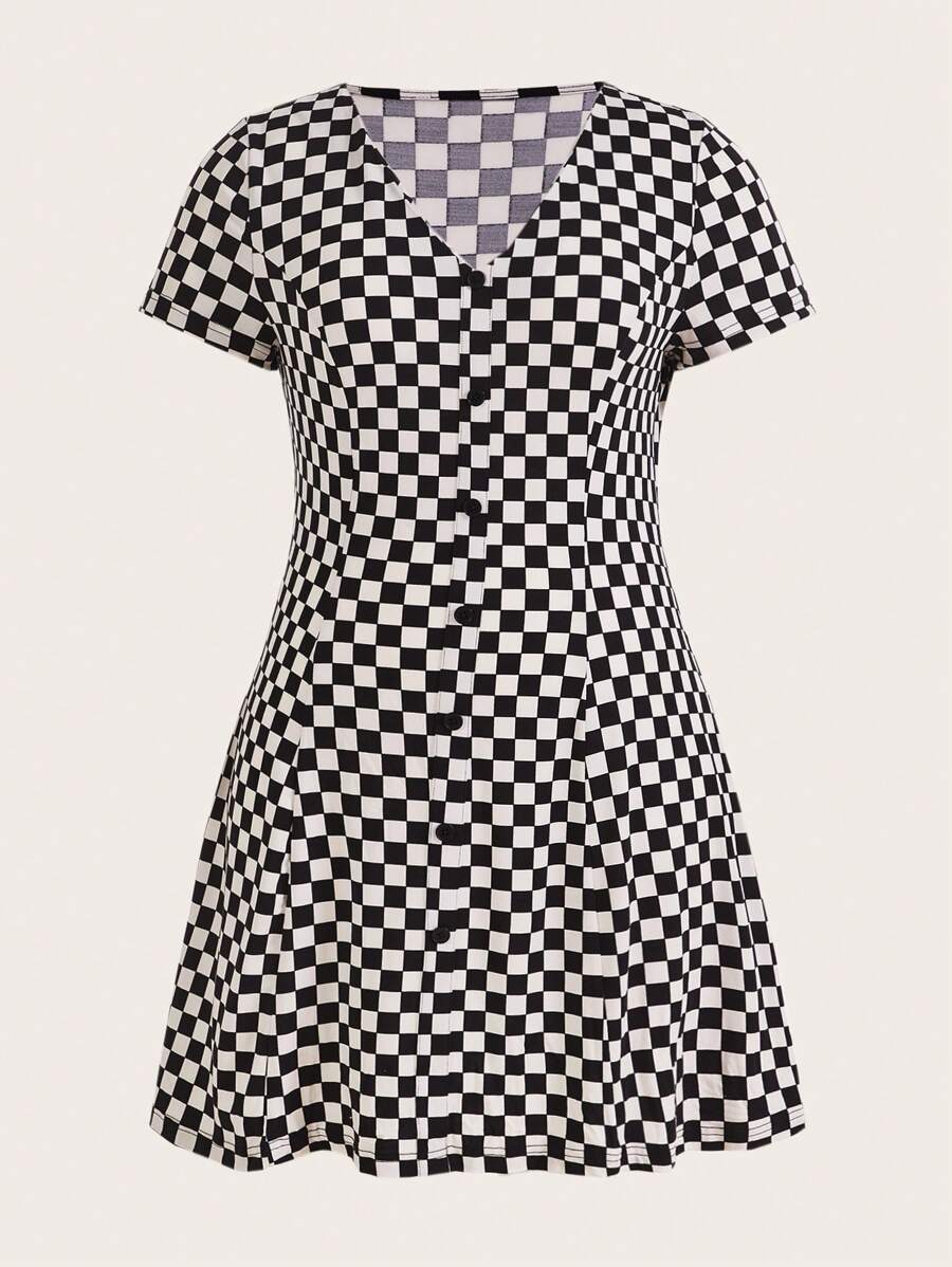 SHEIN EZwear Vestido con botones y estampado de cuadros para verano, talla grande - Blanco y Negro - Ver 1